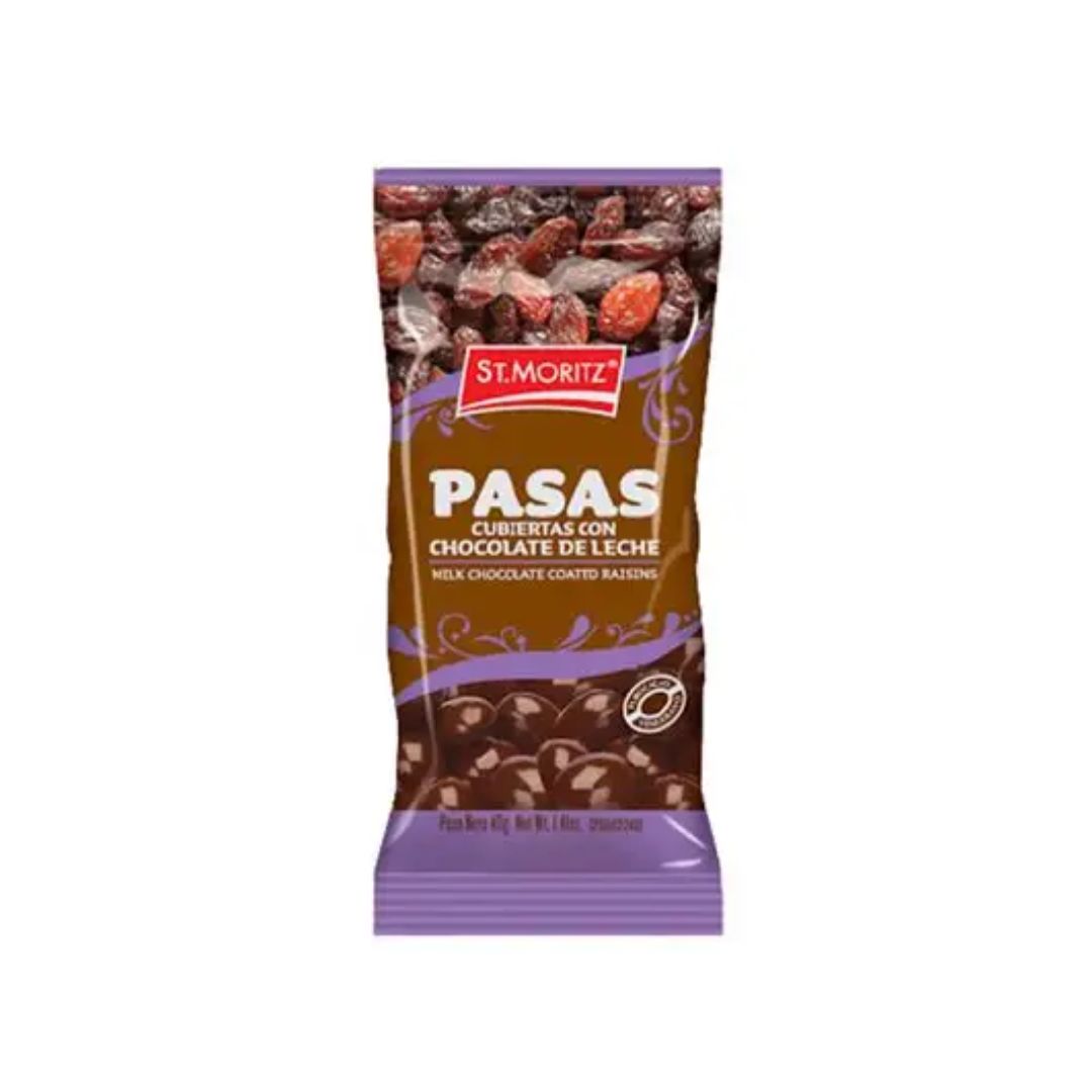 PASAS CUBIERTAS CON CHOCOLATE DE LECHE ST MORITZ 40GR