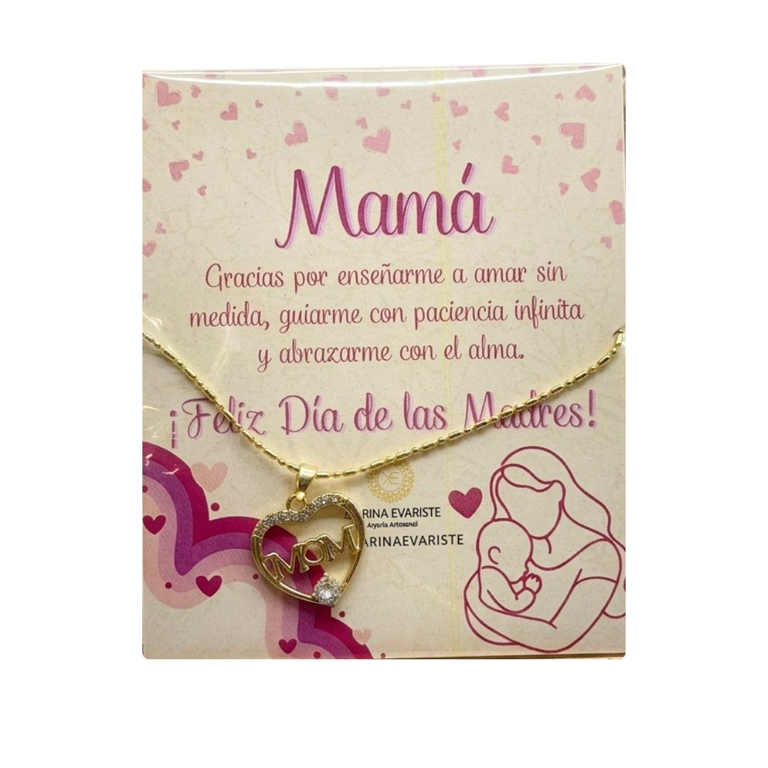 CADENA DE CORAZÓN CON DIAMANTES Y MENSAJE PARA MAMÁ