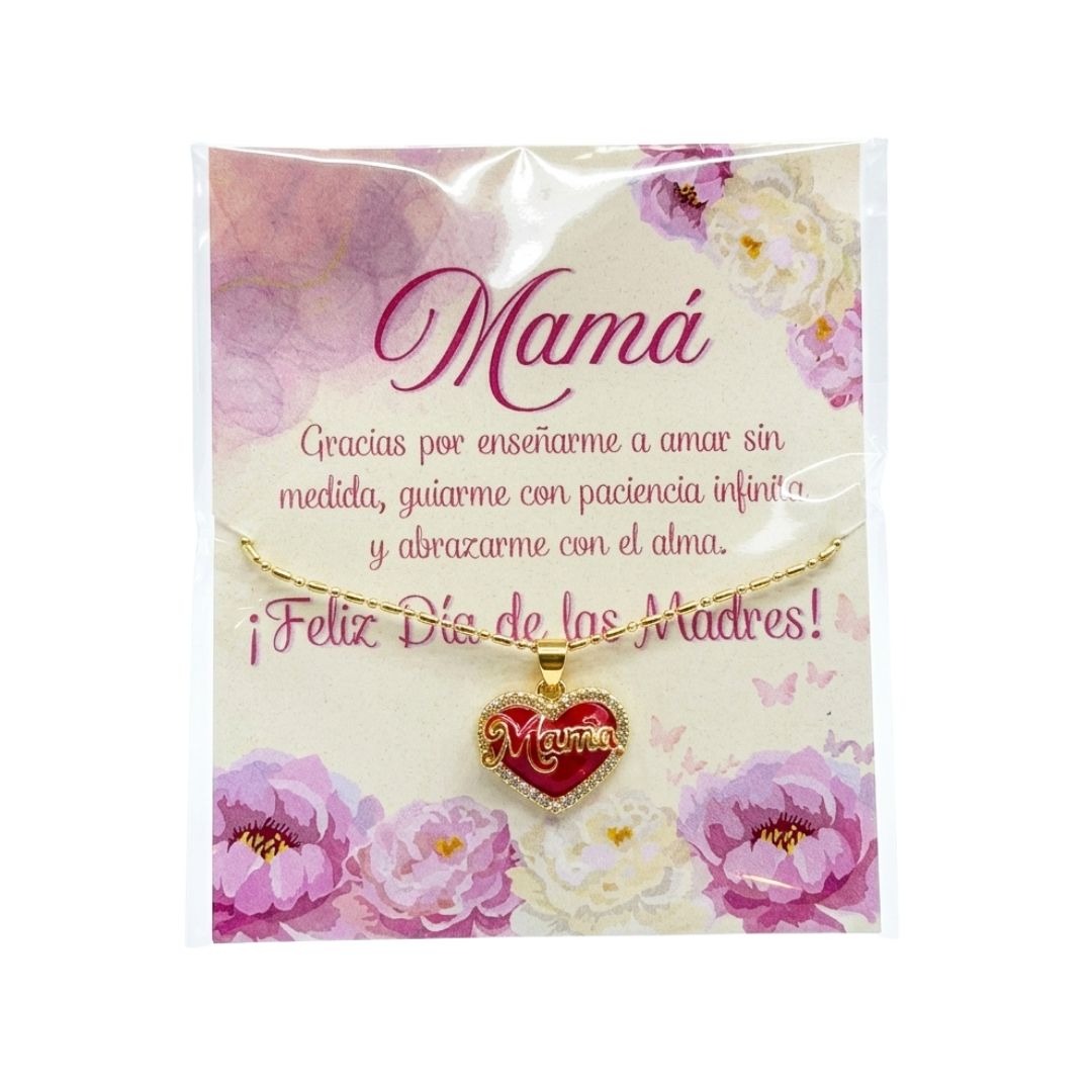 CADENA DE CORAZÓN ROJO CON MENSAJE PARA MAMÁ